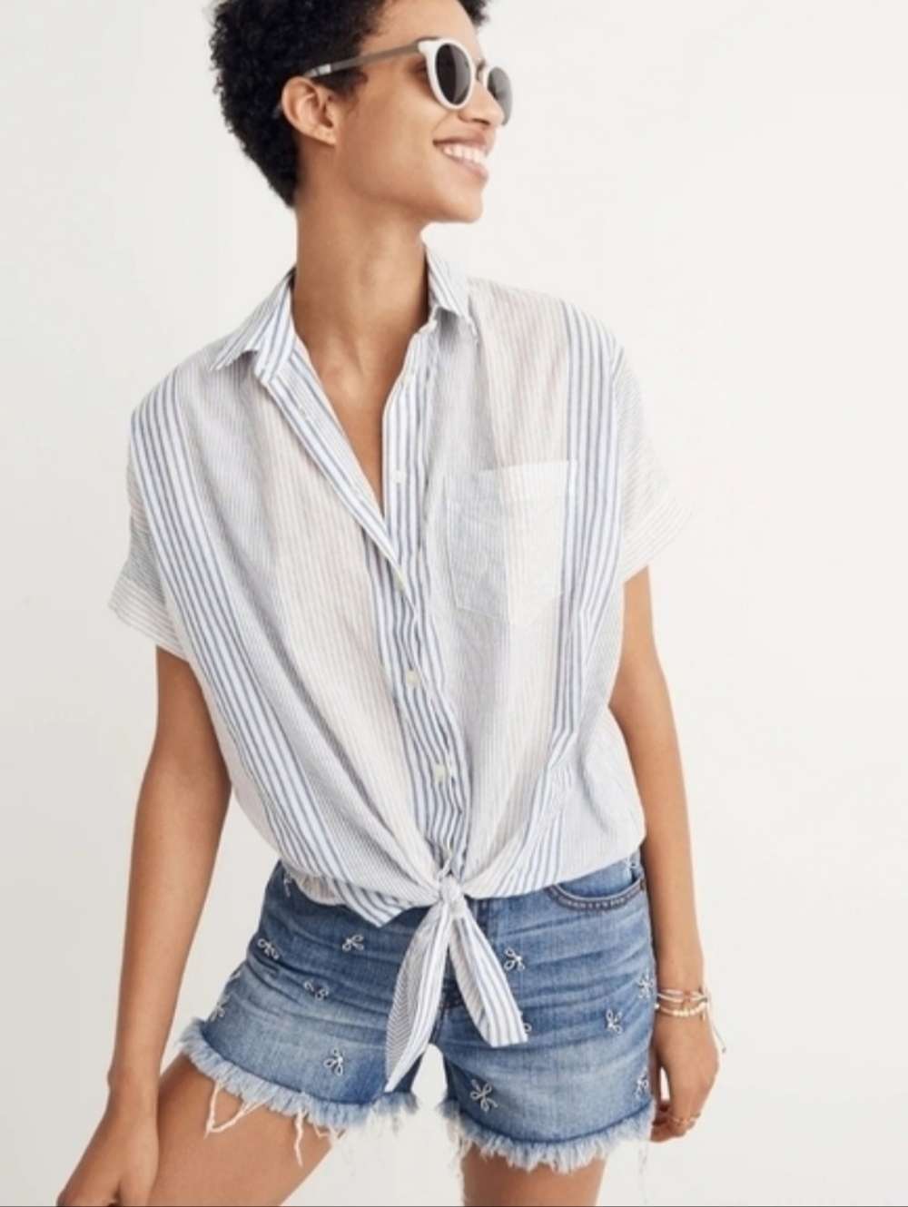 Madewell Short-Sleeve Tie-Front Shirt in Rawley Stripe